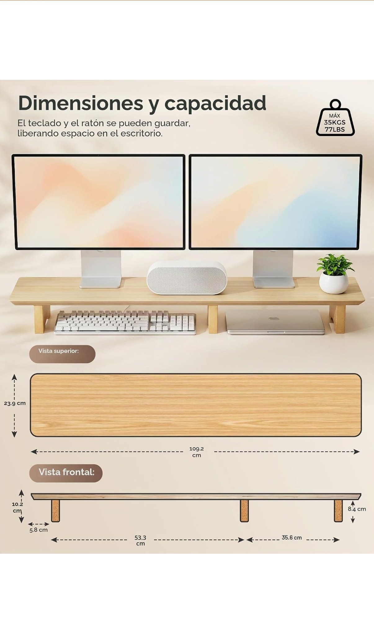 Aothia Soporte para Monitor Grande — Estante de Madera con Patas de Corcho (Roble, 109 cm) — foto 4