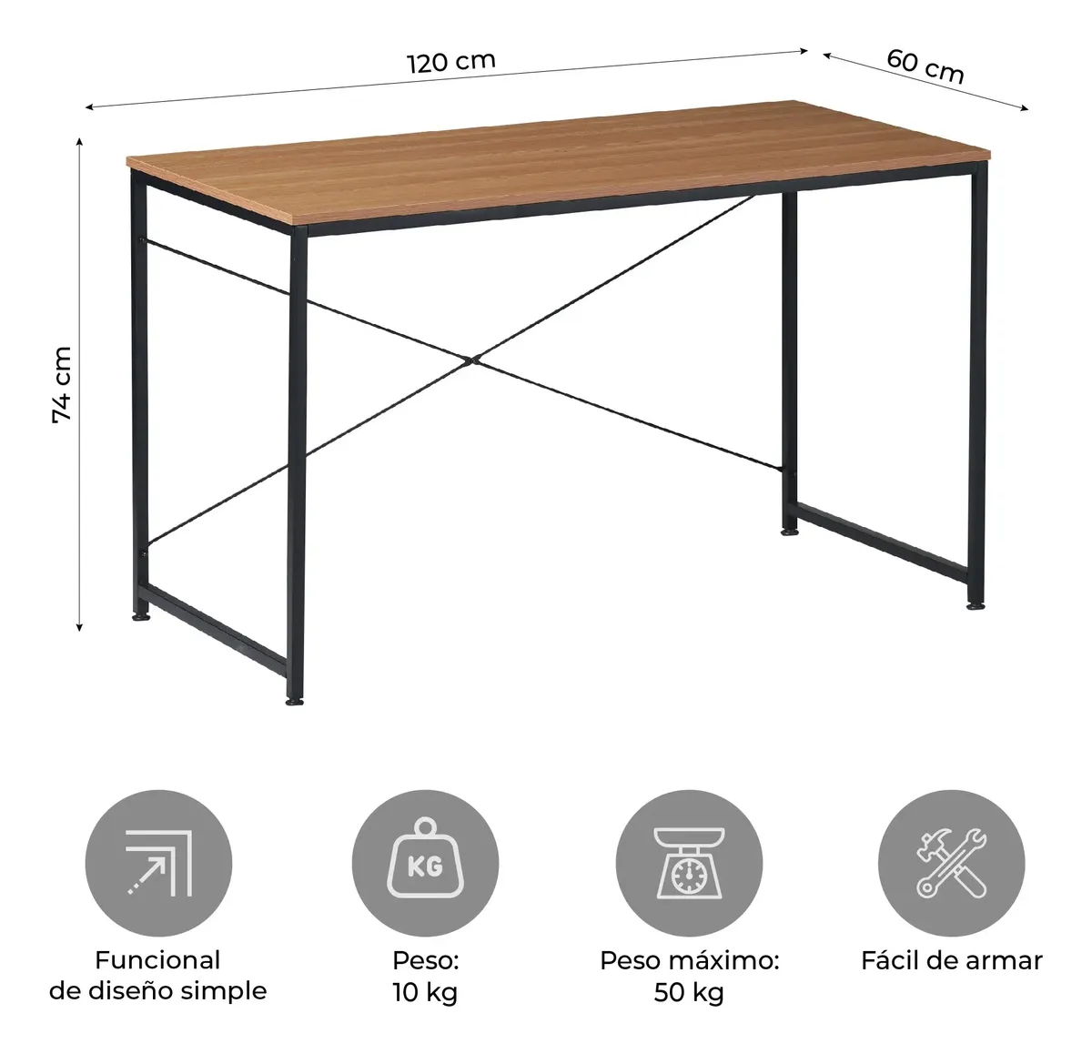 Escritorio industrial hierro y madera 120×60 cm — foto 3