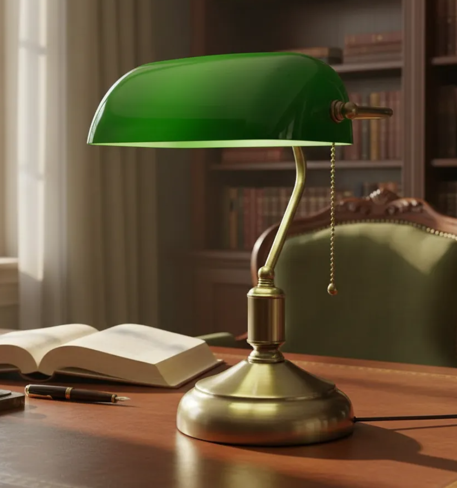 Lámpara Banquero Bronce con Pantalla de Vidrio Verde — Velador Apto LED