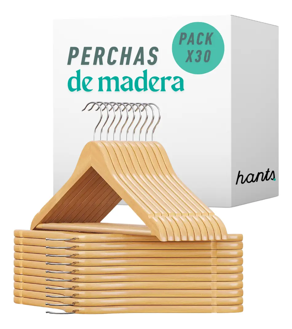 Perchas de Madera Lustrada Hants — 70 de adulto + 10 de bebé