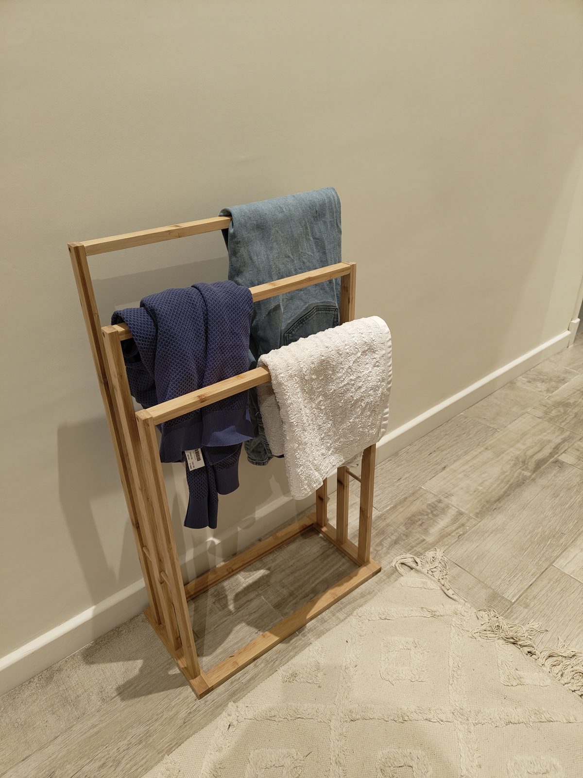 DK HOME Toallero de Pie Triple de Bambú, 48×24×80 cm